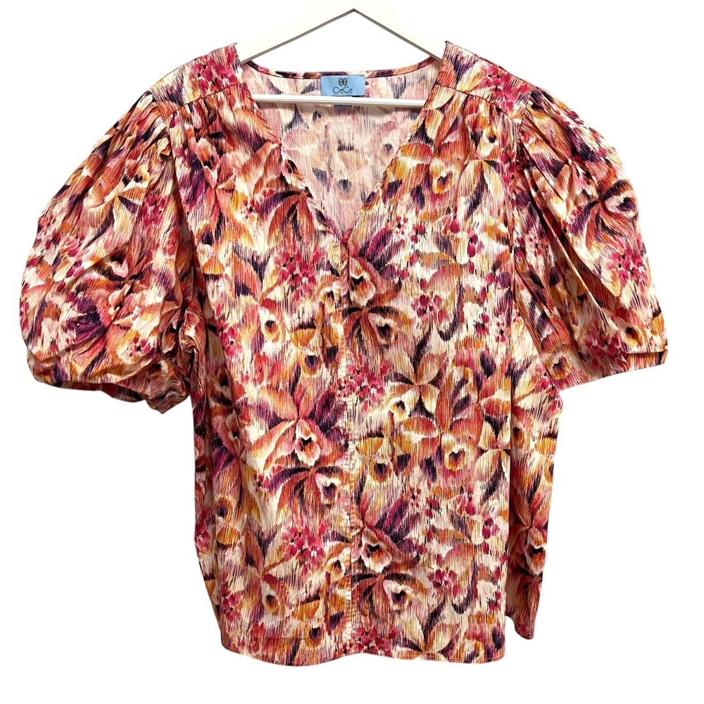 CeCe Puff‎ Sleeve Top Womens 3X Pink Orange Floral V-Neck Abstract Feminine NEW